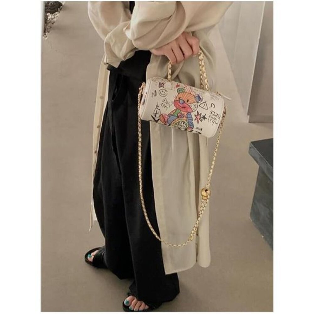 Graffiti White Vegan Leather Crossbody bag, Trendy Mini Shoulder Bag Purse - Picture 3 of 7